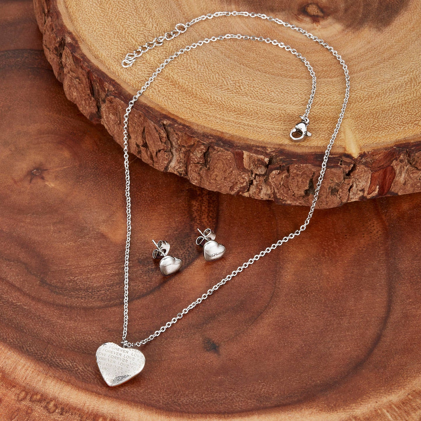 Forever Love Engraved Heart Necklace and Earring Set