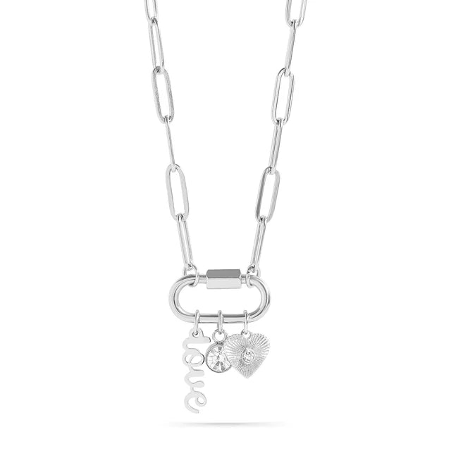 18K Gold PVD Stainless Steel Love Charm Paperclip Necklace - Silver