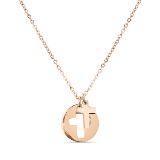 Stainless Steel PVD Coated Cross Cutout Necklace - Rose