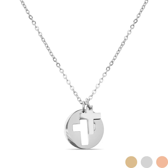Stainless Steel PVD Coated Cross Cutout  Necklace - Silver