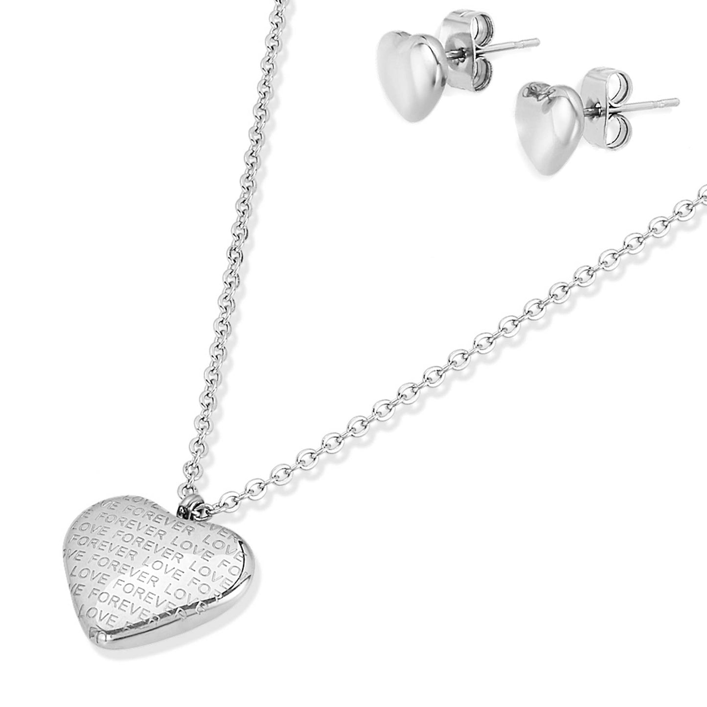 Forever Love Engraved Heart Necklace and Earring Set