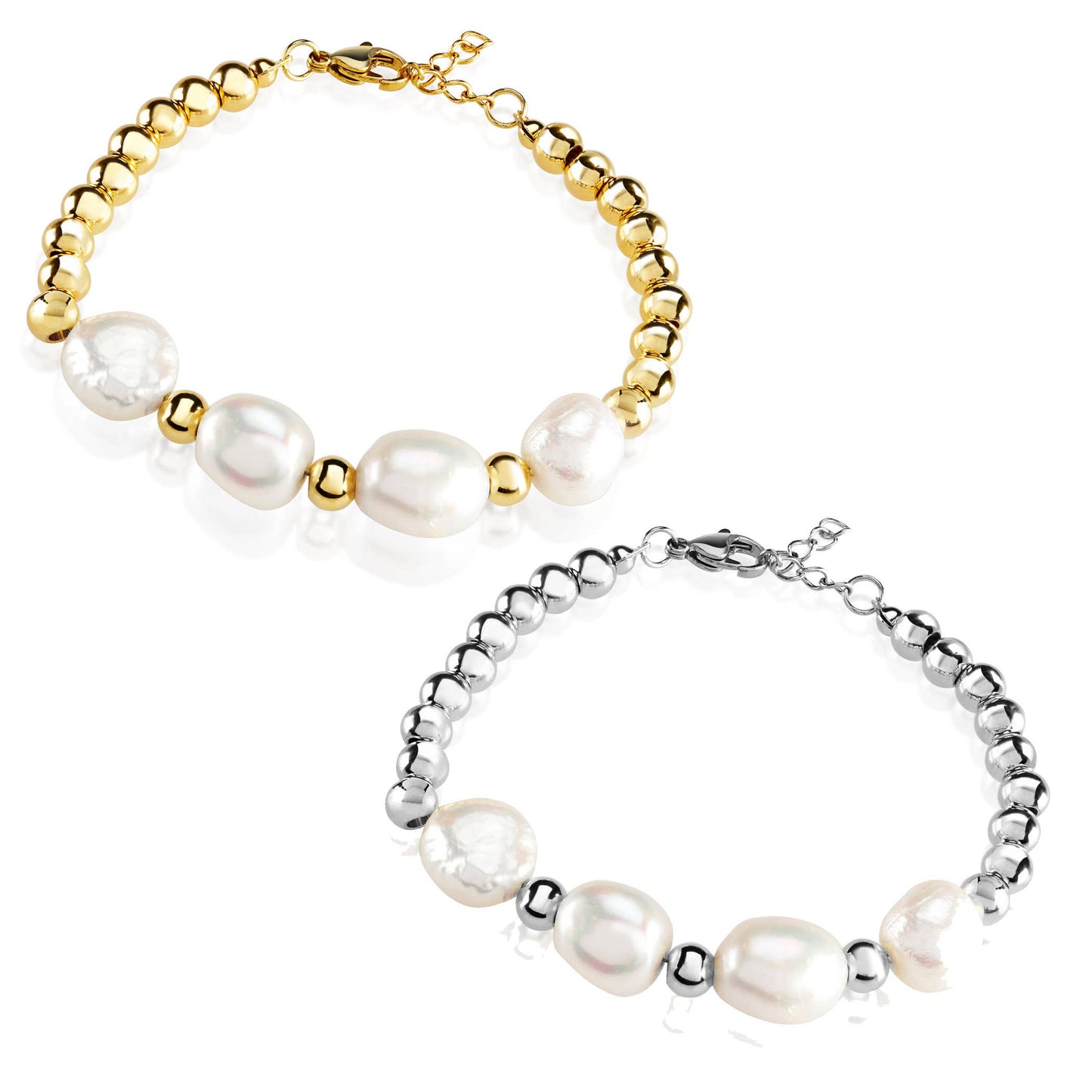 Polished Freshwater Pearl Stainless Steel Bead Bracelet
