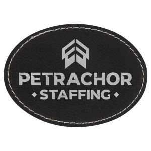 3 1/2" x 2 1/2" Oval Black/Silver Laserable Leatherette Patch with Adhesive